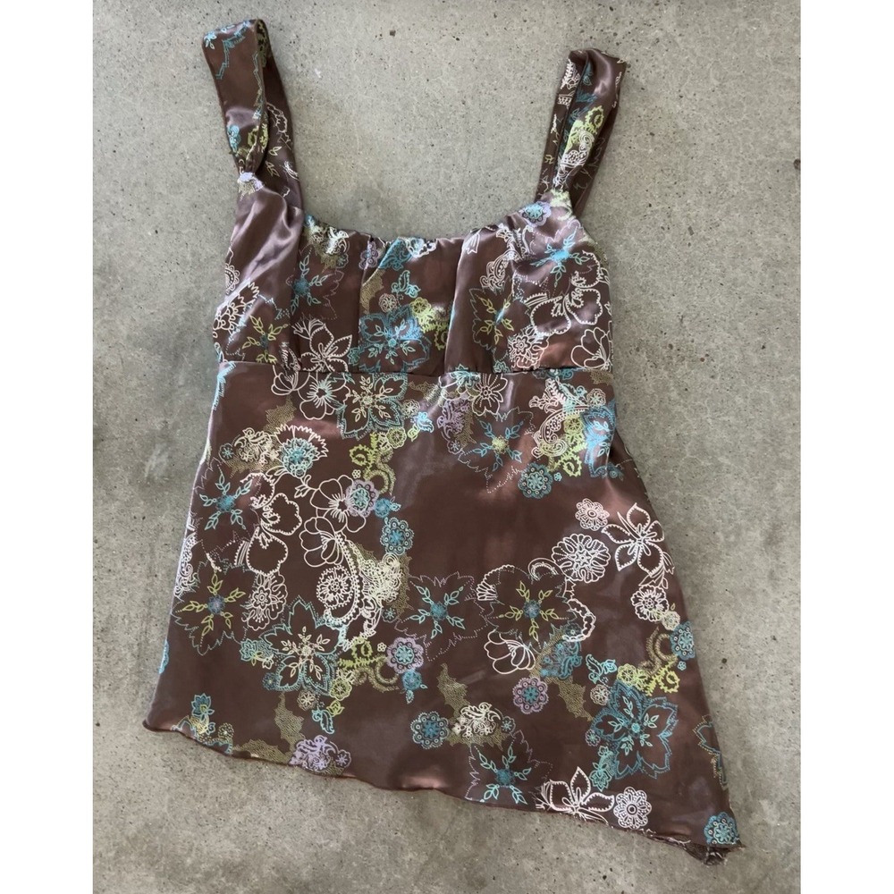 Vintage Y2K Fairy Floral Tank Top Brown Green Self Esteem Medium Handkerchief
